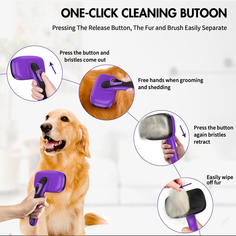 Dog Self Cleaning Slicker Brush for Shedding, Ideal for Short Long Haired Dogs, Including Cat. Removes Loose Fur, Undercoat, Mats, Tangled Hair. Suit for Large Medium Small Animal, Purple - BeesActive Australia