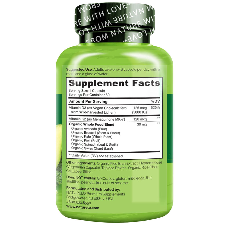 NATURELO Vitamin D3 K2, Vegan K2+D3 Supplement, 60 Capsules | Vitamin D with K, plant based D3 from lichen, whole food, non-GMO, gluten free, Vitamin D Plus K Supplement, K2 D2 Unflavored 60 Count (Pack of 1)