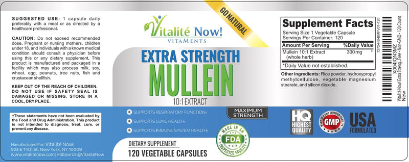 Vitalité Now! Extra Strength Mullein Capsules 100% Whole Herb 10:1 Extract | Respiratory & Immune Health, Lung Cleanse, Gluten Free, Non-GMO, 120 count, 4 month supply, Made in the USA