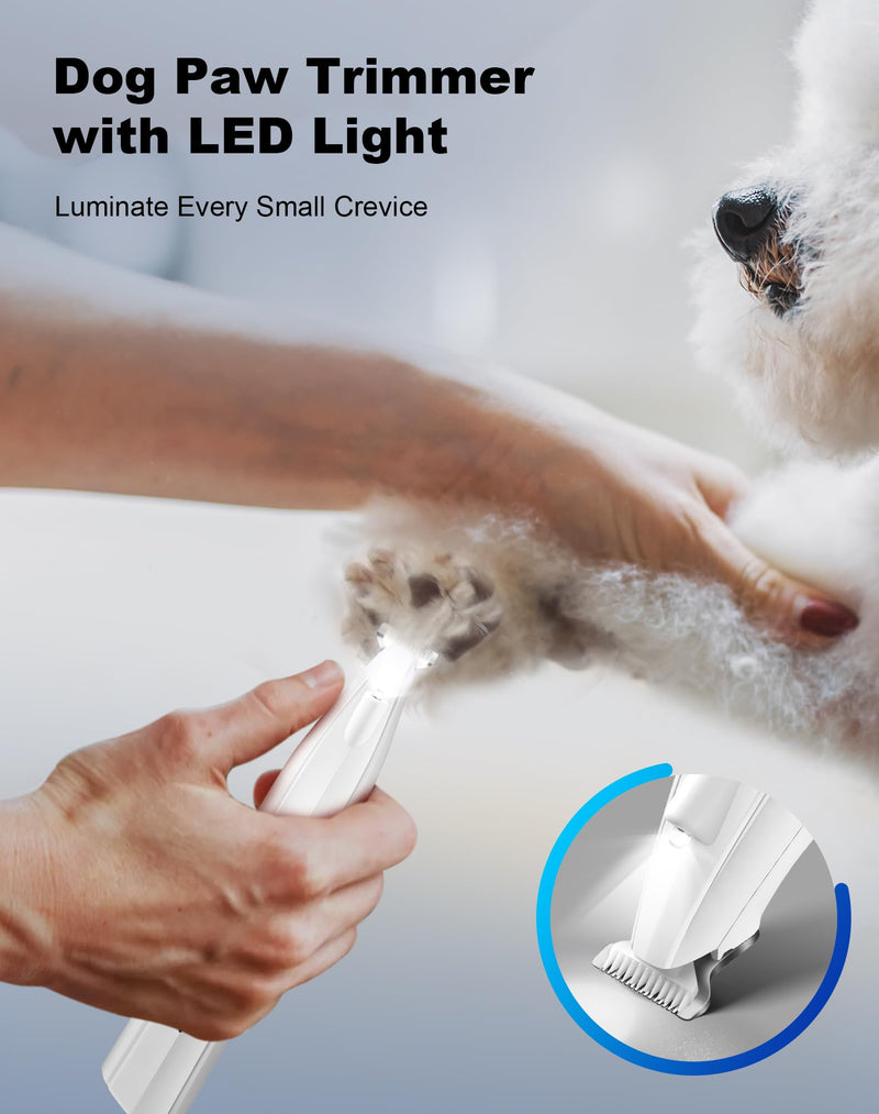 Dog Paw Trimmer for Grooming, Cordless Electric Dog Clippers with LED Light, Rechargeable Low Noise Small Pet Shaver for Trimming Cat's Hair Around Eyes, Faces, Ears, Paws, Rump(White) White - BeesActive Australia