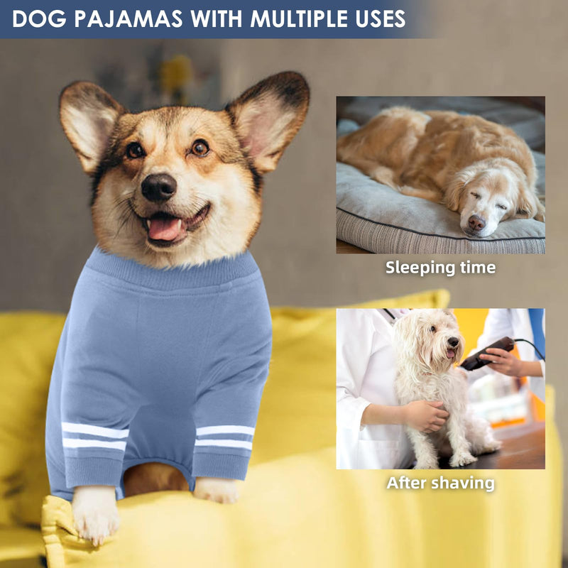 Katzinst dog bodysuit, dog clothes for small dogs, collar and cuffs made of ribbed knit, soft, breathable, warm dog pajamas for all seasons, white dog bodysuit with double stripes, haze blue S haze blue - BeesActive Australia