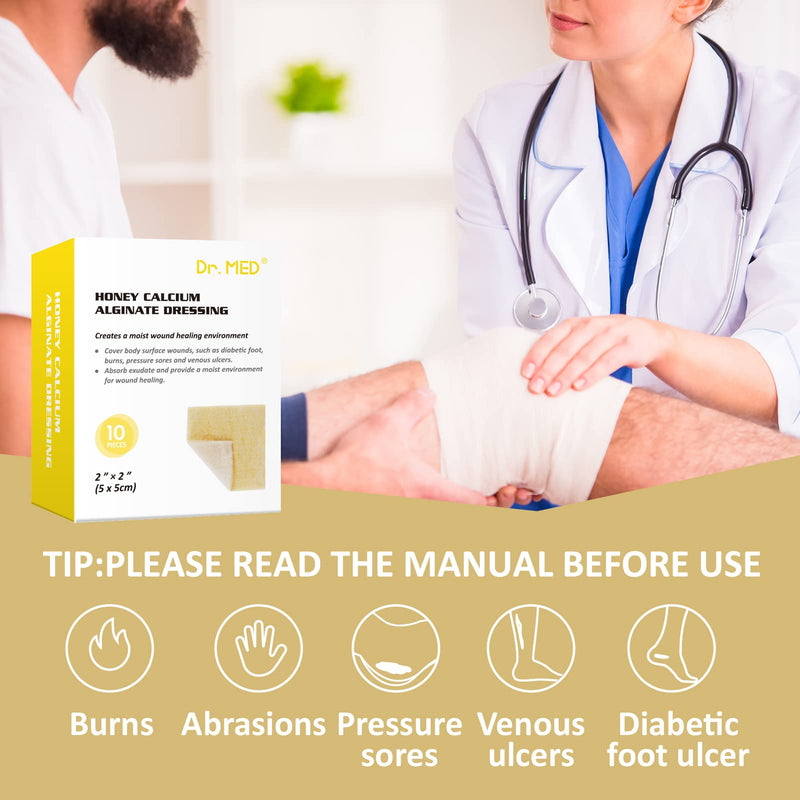 Dr. Med Manuka Honey Calcium Alginate Dressing 2"x2" (10 PCS/Box), Highly Absorbent dressings with Honey for Abrasions, Burns, Diabetic Foot, Pressure Sores and Venous Ulcers Faster Wound Care Manuka Honey Pads 2" x 2" - 10 Pcs/Box
