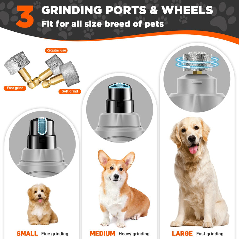 Dog Nail Grinder Quiet, Painless Dog Nail Trimmers with 3 Grinding Wheels 3-Speed 3 Grinding Ports 2 Bright Lights, Cordless Rechargeable Dog Nail Clippers for Large Small Dogs Cats-Gray-2 Gray-2 - BeesActive Australia