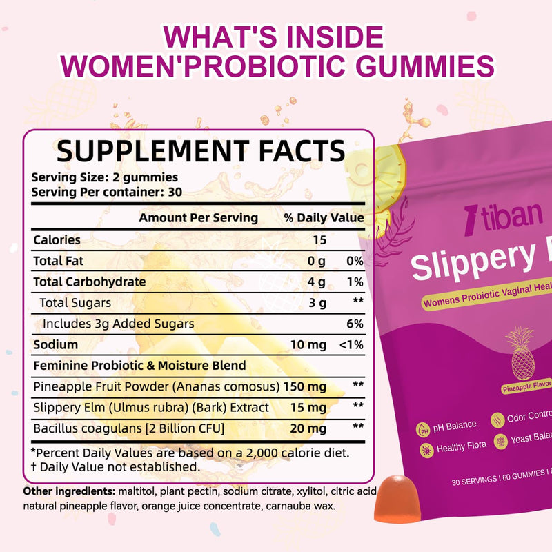 Slippery Elm Feminine Probiotic Moisture Gummies, pH Balance, Vaginal Flora, Odor Health with Bacillus coagulans, Delicious Pineapple Flavor, 60 Count Pink-bag-pineapple