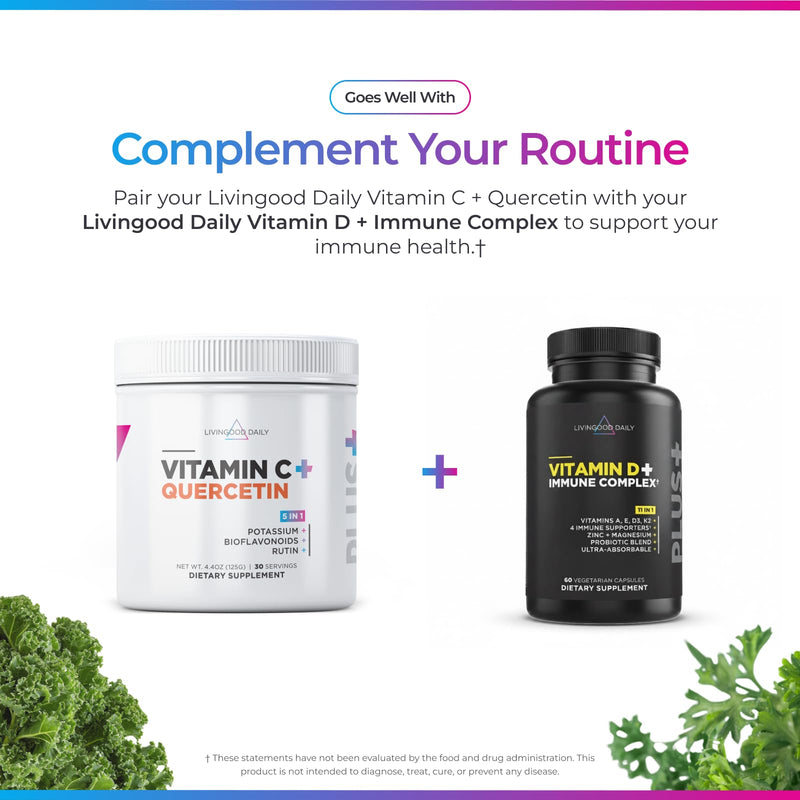 Livingood High Dose Vitamin C Powder, 2,500mg Ascorbic Acid, 30 Servings | 5-in-1 Immune Support Supplement, Vit C, Quercetin, Potassium, Biolavonoids, Rutin, Sweet Orange, Sugar Free, Made in USA