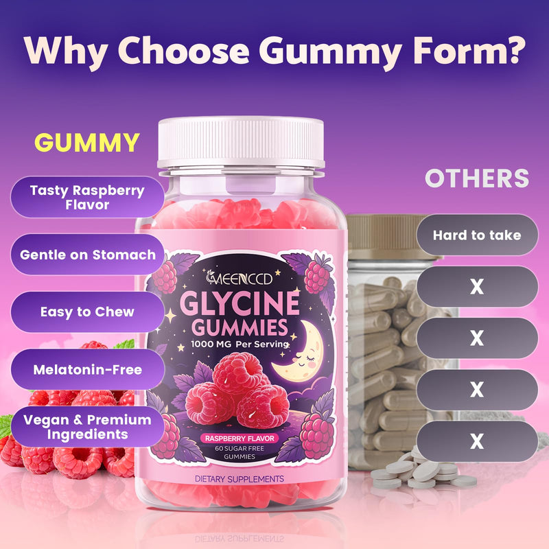2 Pack Glycine Gummies, Glycine Supplement for Relaxation and Nerve Support | Sugar-Free, Vegan, Non-GMO, Raspberry Flavor, 120 Count 60 Count (Pack of 2)