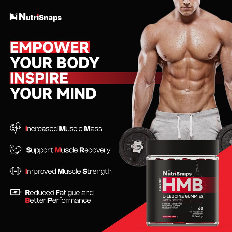 HMB and Leucine Gummies for Men Women, Muscle & Recovery, 60 Ct | Leucine Amino Acid Supplements with CoQ10, Rhodiola Rosea for Muscle Growth, Recovery, Sugar Free, Mixed berry Flavor, Vegan