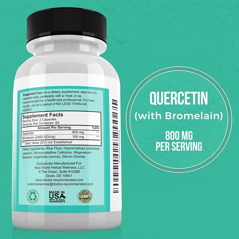 DOCTOR RECOMMENDED SUPPLEMENTS Quercetin 800mg w/Bromelain 165mg Per Serving- 120 Veggie Capsules-Full 60 Day Supply, Vitamin Supplement & Bioflavonoids, Gluten Free, Non-GMO (Pack of 2) 120 Count (Pack of 2) - BeesActive Australia