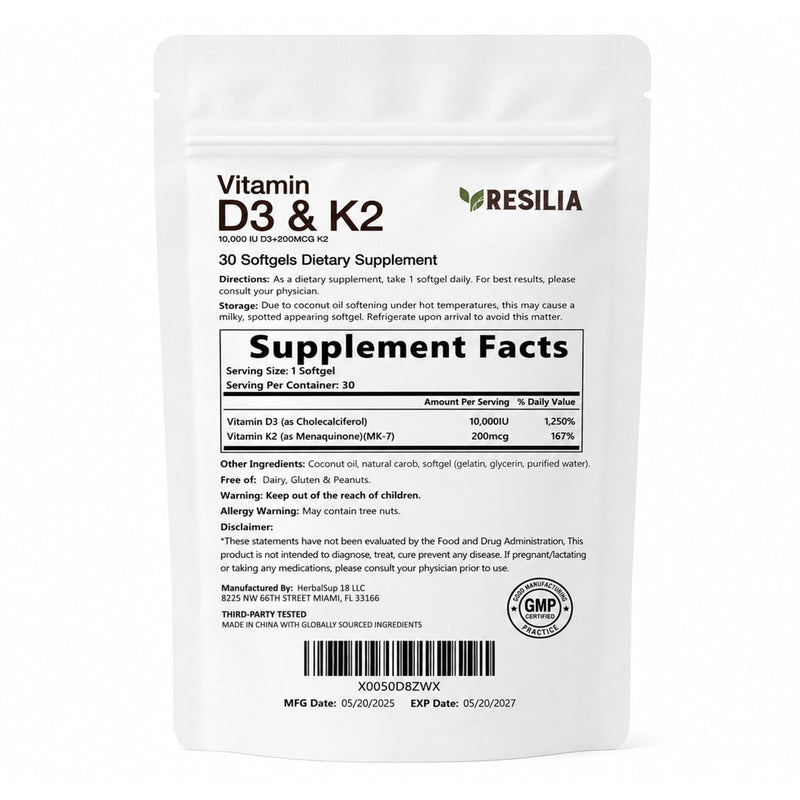 Resilia D3 K2 Vitamin 10000 IU + MK-7 200 mcg – High Potency Softgels with Coconut Oil for Maximum Absorption – Supports Bone Strength, Heart Health & Immune System – (30 Count)