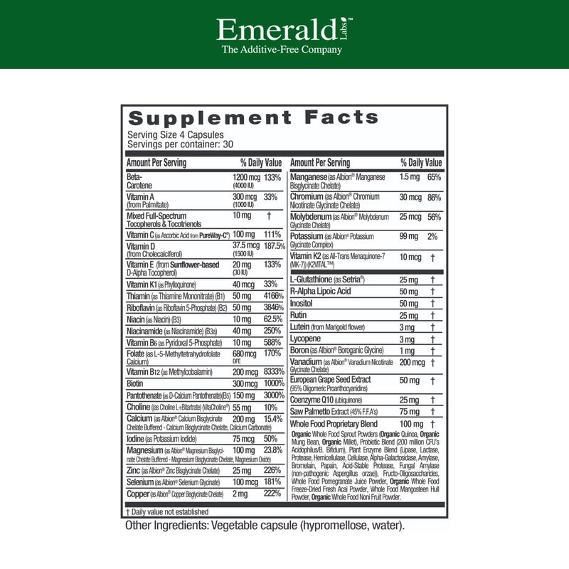 EMERALD LABS Men's 45 Plus Clinical Multi, 120 Capsules (30 Servings) | Multivitamin for Heart Health & Vitality Support, Whole-Food & Probiotic Blend, Non-GMO & Gluten-Free
