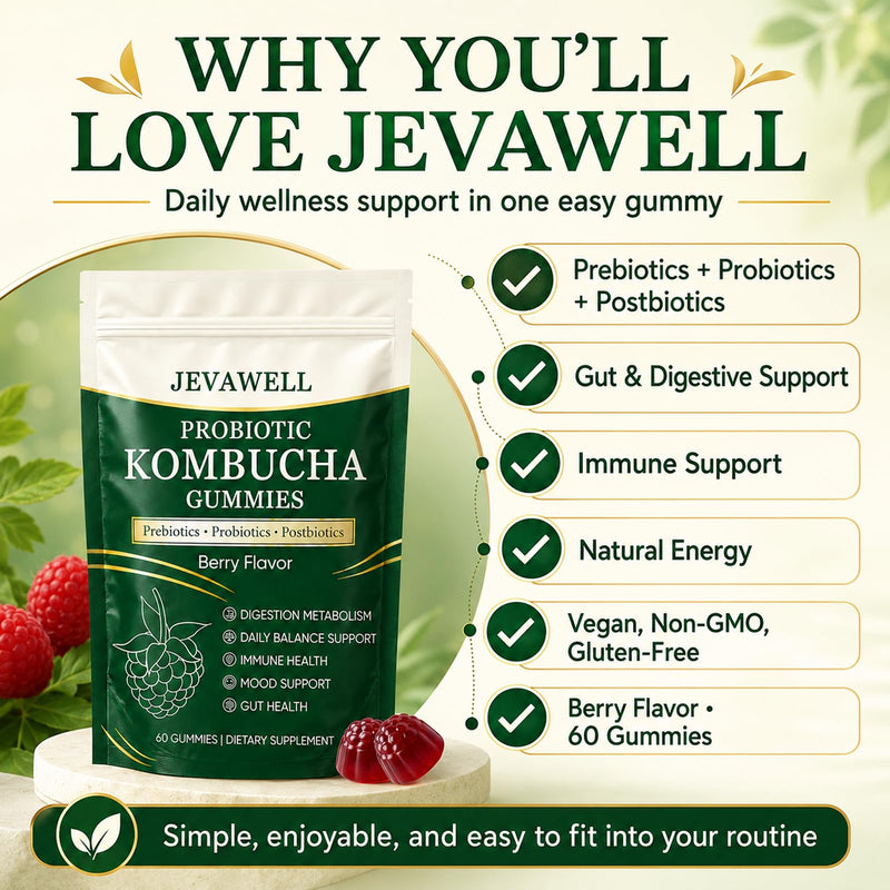 Jevawell Kombucha Gummies, Probiotic Digestive Health Supplement with, Organic Prebiotics for Gut Health, Immune Boost, and Natural Energy – Vegan, Non-GMO, Gluten-Free, 120 Gummies 1 Ounce (Pack of 2)