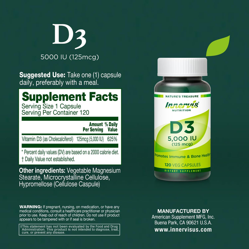 High Potency Vitamin D3 5000 IU – Boost Immune, Support Bone & Teeth, Easy to Swallow 120 Veg Capsules 1 Count (Pack of 120)