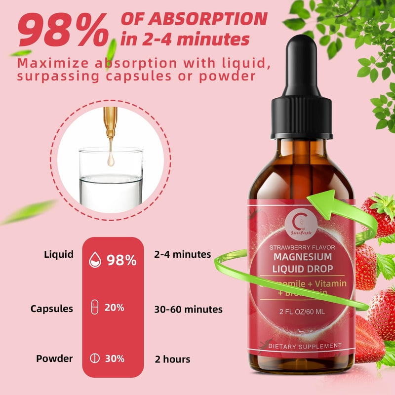 Magnesium Glycinate Liquid Drops for Stress Relief and Digestive Comfort | Magnesium Glycinate Liquid, Fast Absorption, Non-GMO, Vegan Formula, Sugar Free, Strawberry Flavor, 2 Fl OZ