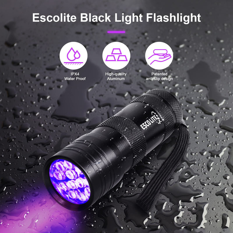 Escolite Black Light Flashlight, 12LED 395nm UV Handheld Black Light Mini, Dogs Urine Detector for Dry Urine Stains, Bed Bugs, Scorpions(2 Packs) - BeesActive Australia
