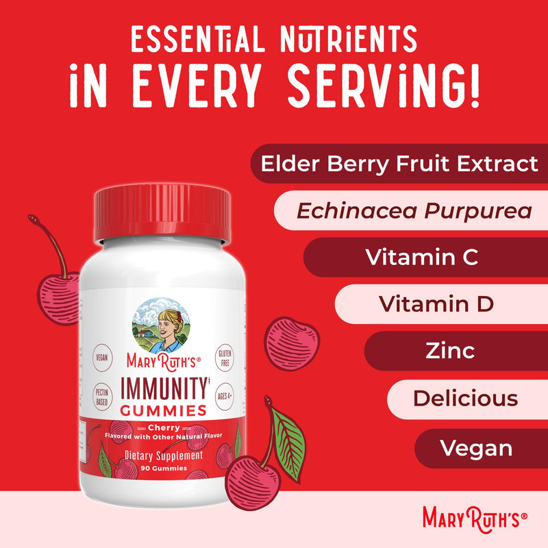 Mary Ruth's 5-1 Immunity Gummies with Elderberry for Kids & Adults | Cherry | Pectin Based | Vegan | 90 Count 90 Count (Pack of 1)