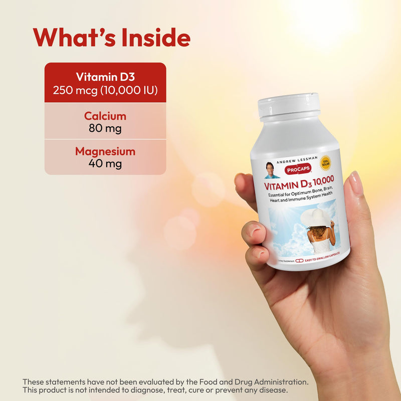ANDREW LESSMAN ProCaps Vitamin D3 10,000 IU, 180 Capsules | Cholecalciferol with Calcium & Magnesium to support calcium absorption. Small, easy-to-swallow capsules. 180 Count (Pack of 1)