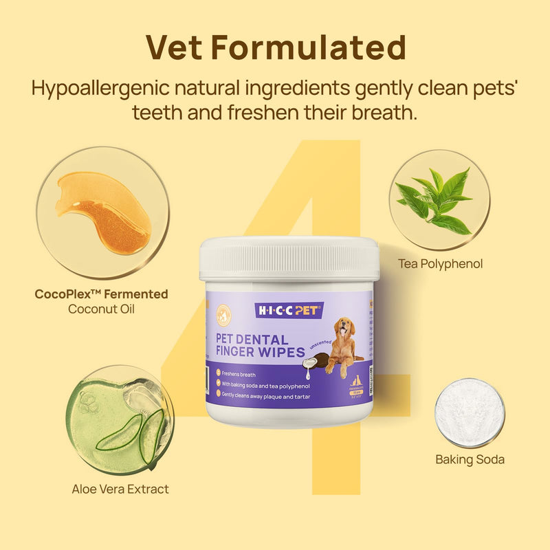 HICC PET Dental Finger Wipes for Dogs & Cats, Toothbrush-Free Plaque & Tartar Remover Wipes, Freshens Breath, Soothes Gums with Coconut Oil, Alcohol-Free & Safe to Lick Unscented 1