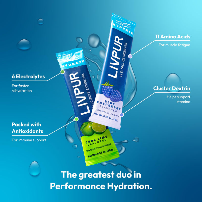 LIVPUR Electrolyte Hydration Powder, Cool Lime & Blue Raspberry, 16 Sticks | Variety pack with essential amino acids and vitamins C, B6, B12; single-serve instant sports drink mix Best of Both