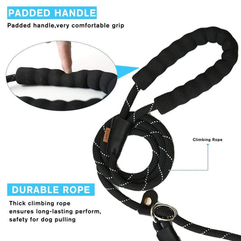 Slip Lead Dog Training Leash, Comfortable Padded Handle, Strong Rope for Large, Medium Dogs, No Pull Leash with Reflective Thread (Black, Small(1/4" - 6FT) Small(1/4" - 6FT） Black - BeesActive Australia
