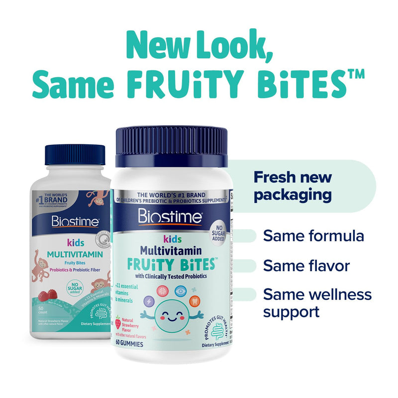 Biostime Kids Multivitamin Gummies with Probiotics & 11 Essential Vitamins (Ages 4+) | Multivitamin for Kids | No Added Sugar Fruity Bites | Free from Top 9 Allergens | 50 Count