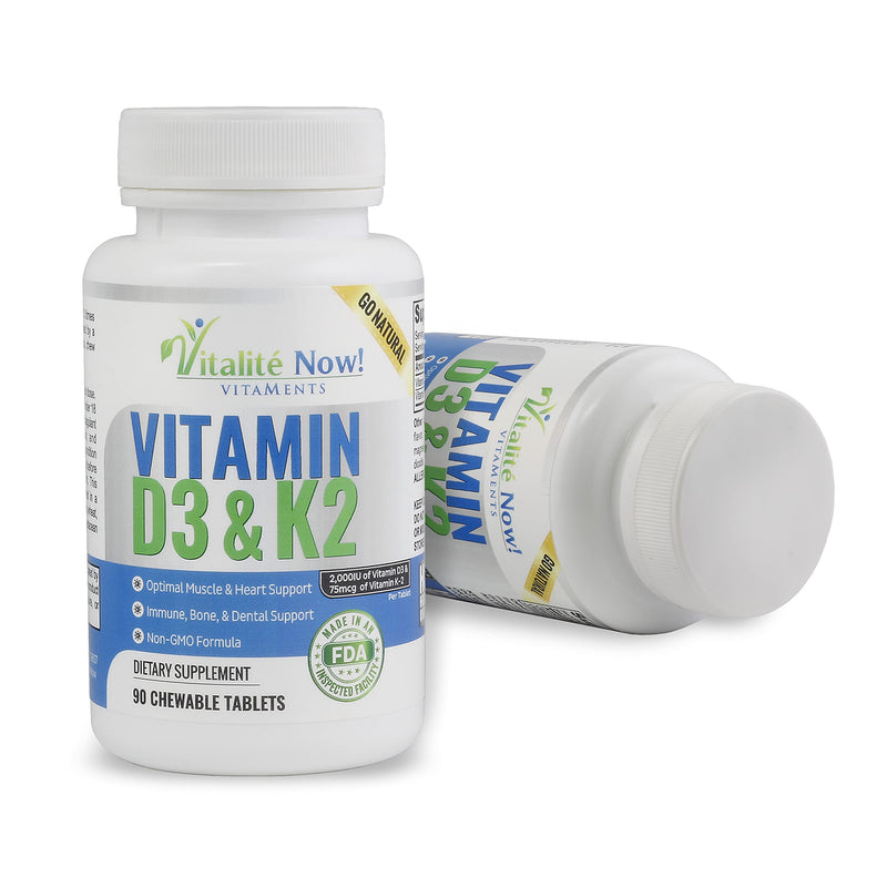 Vitamin D3 2000 IU + K2 - Optimized Absorption in Best Form MK7 | Lung Health, Strong Bones & Healthy Heart - All Natural - Cherry Flavor - 90 Chewable Tablets - 3 Month Supply!