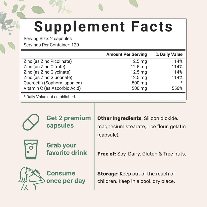 Micro Ingredients Quercetin with Vitamin C and Zinc, 240 Capsules | Quercetin 500mg, Vitamin C 500mg, Zinc 50mg (Picolinate, Citrate, Glycinate, Gluconate) | Complete Immune Support Supplements - BeesActive Australia