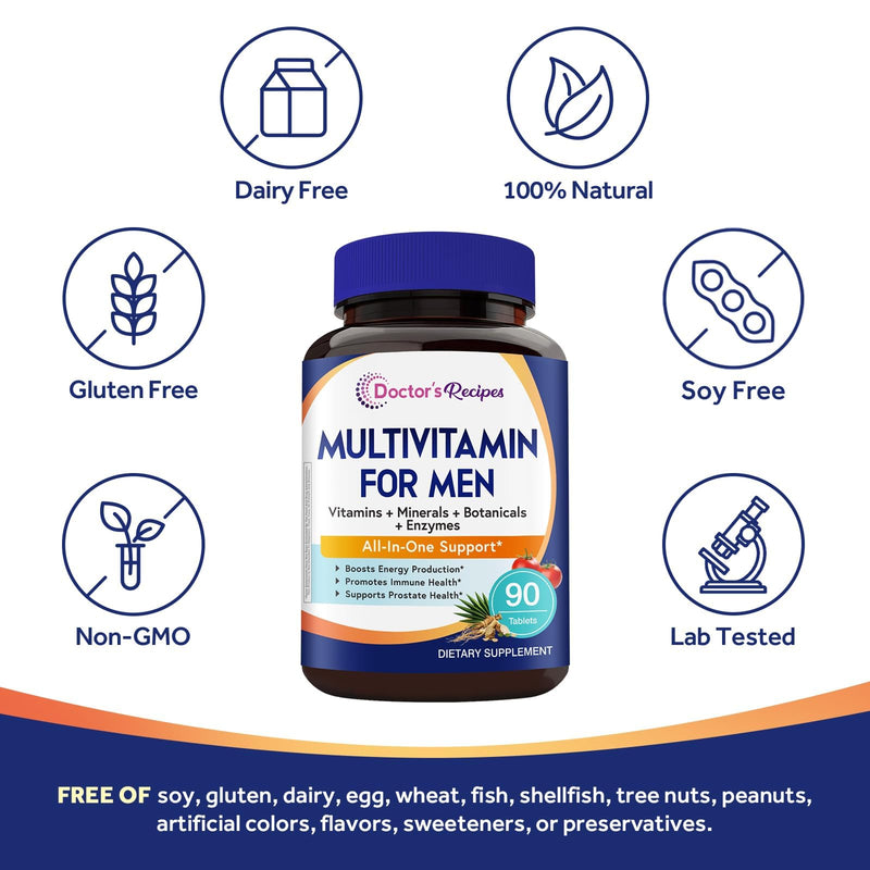 Doctor's Recipes Multivitamin for Men, Comprehensive Daily Multivitamin, Includes Lycopene, Saw Palmetto, Vitamins A, B6, B12, C, D, E, Zinc & More, Heart, Energy, Prostate & Immune Health, 90 Tablets