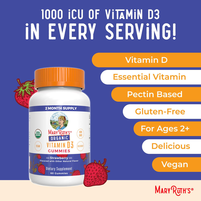 MARYRUTH'S Organic Vitamin D3 Gummies, 1000 IU, Immune Support, 60 Count | USDA Organic, Immune Support, Bone Health, Muscle Function, For Adults & Kids Ages 2+
