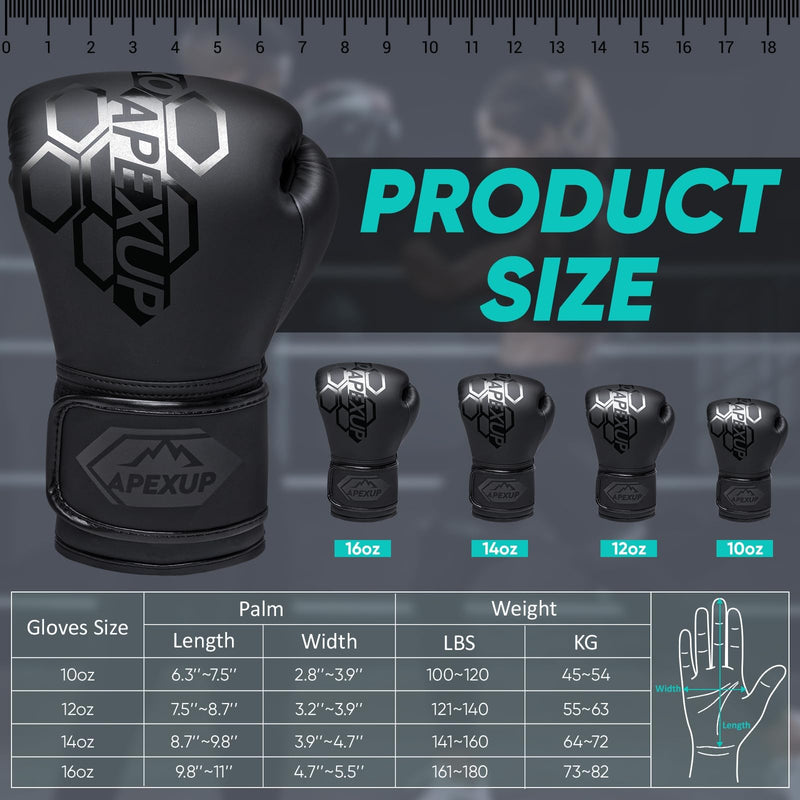 APEXUP Boxing Gloves Men Women, Pro Training Sparring, Heavy Bag Gloves for MMA Kickboxing Muay Thai 14 OZ Black