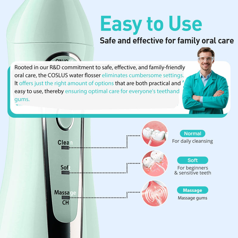 COSLUS Water Dental Flosser Teeth Pick C20(F5020E): Portable Cordless Oral Irrigator 300ML Rechargeable Travel Irrigation Cleaner IPX7 Waterproof Electric Flossing Machine for Teeth Cleaning, Green