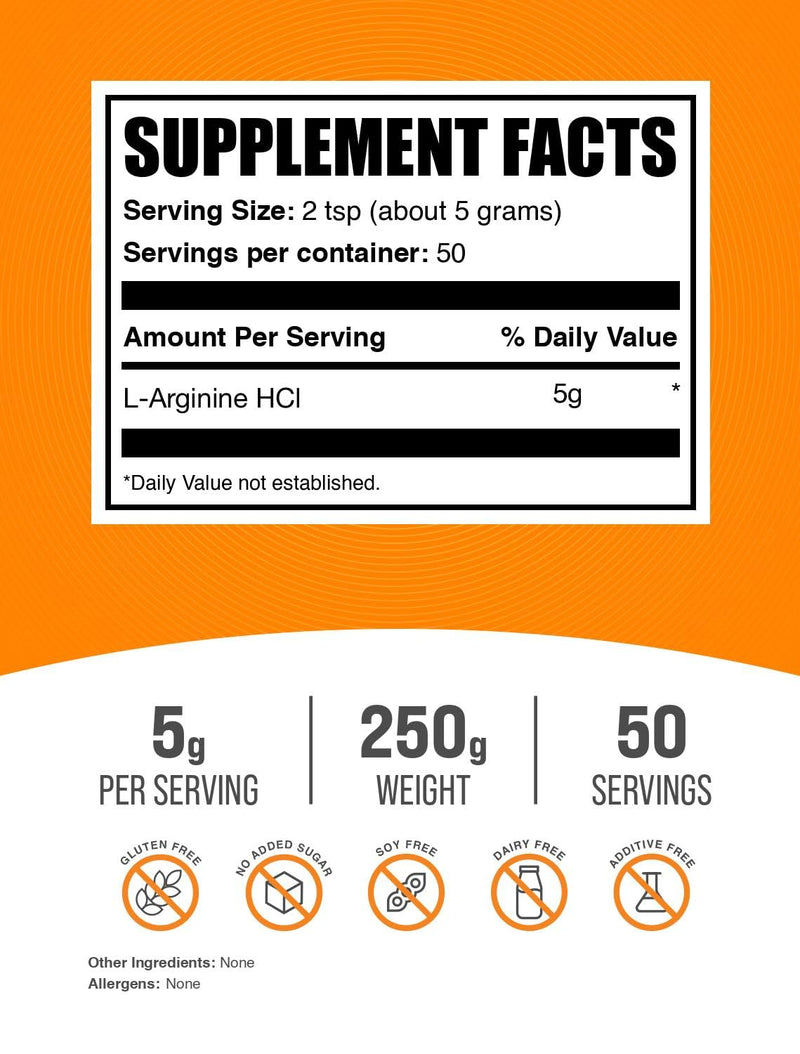 BulkSupplements.com L-Arginine HCl Powder - Nitric Oxide Supplement, Arginine Powder - Unflavored & Gluten Free, 5g per Serving, 250g (8.8 oz) (Pack of 1) 8.8 Ounce (Pack of 1)