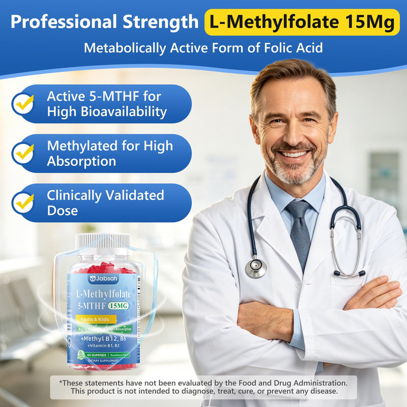 L-MethylFolate 15mg+ Methyl B12 Gummies for Kids & Adults - Active 5-MTHF with Methyl B6, B1, B2 Multivitamin, Supports MTHFR Gene, Cognition, Focus, Vegan, Raspberry Flavor, 120 Count 60 Count (Pack of 2)