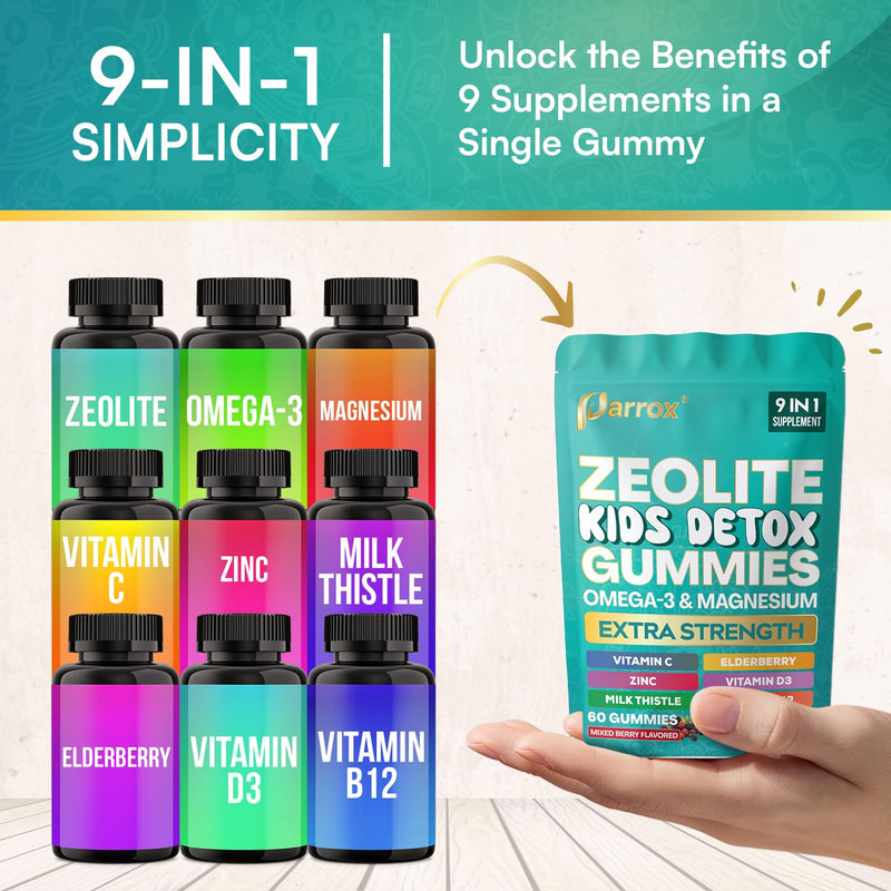Zeolite Kids Detox Gummies, 9-in-1 Sugar-Free, Berry, 60 Gummies | Mixed Berry with Zeolite, Omega-3, Magnesium, Elderberry, Vitamin C, Milk Thistle, Vitamin D3, Zinc, B12 60 Count (Pack of 1)