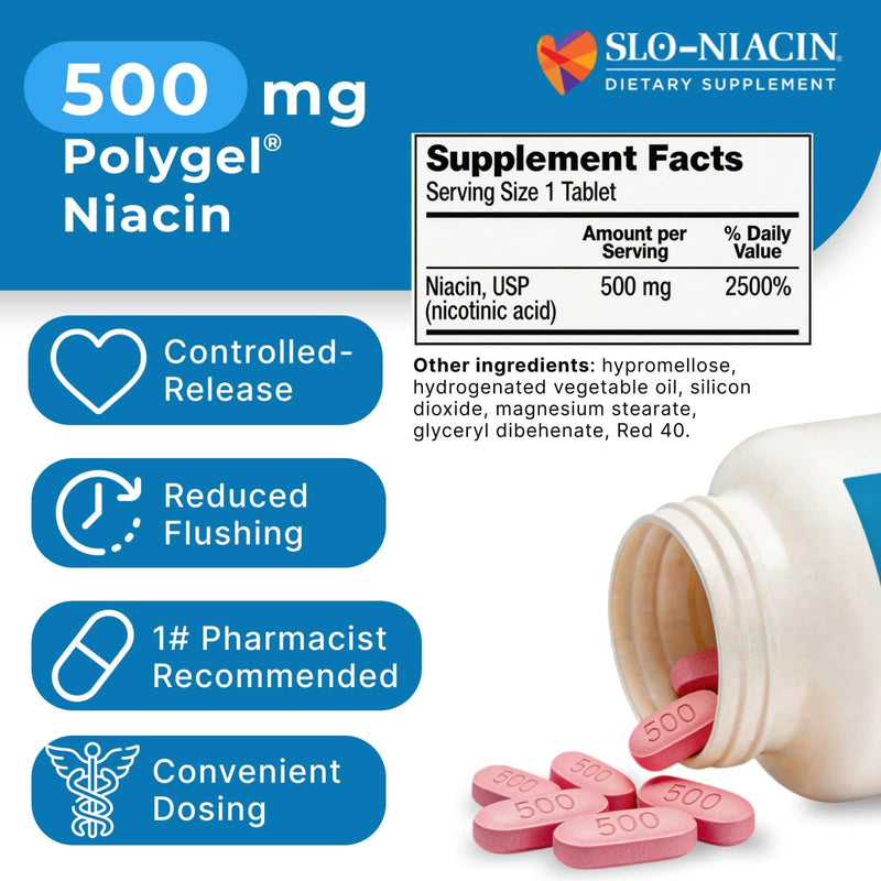 Slo-Niacin Slow Release Niacin 500mg – Vitamin B3 Supplement for Heart Wellness – Flush-Free B3 Vitamins for Cholesterol & Cardiovascular Support – 100 Tablets