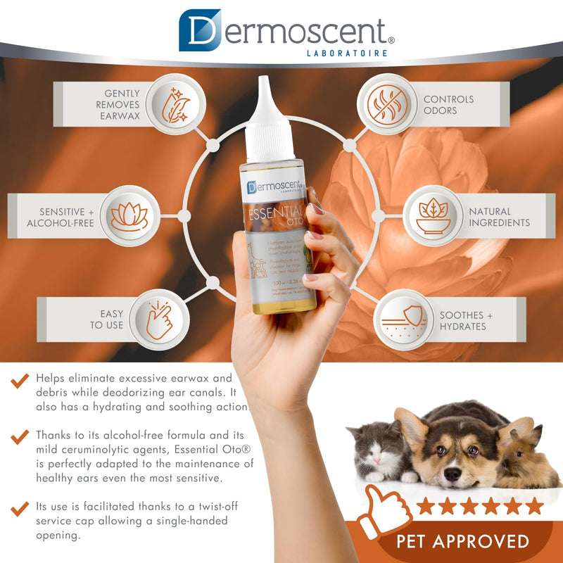 Dermoscent Essential OTO Ear Cleaner for Dogs, Cats, and Rabbits | 100% Natural Formula with Hemp Seed Oil, Gentle Earwax Removal, Odour Control, Ideal for Sensitive Ears
