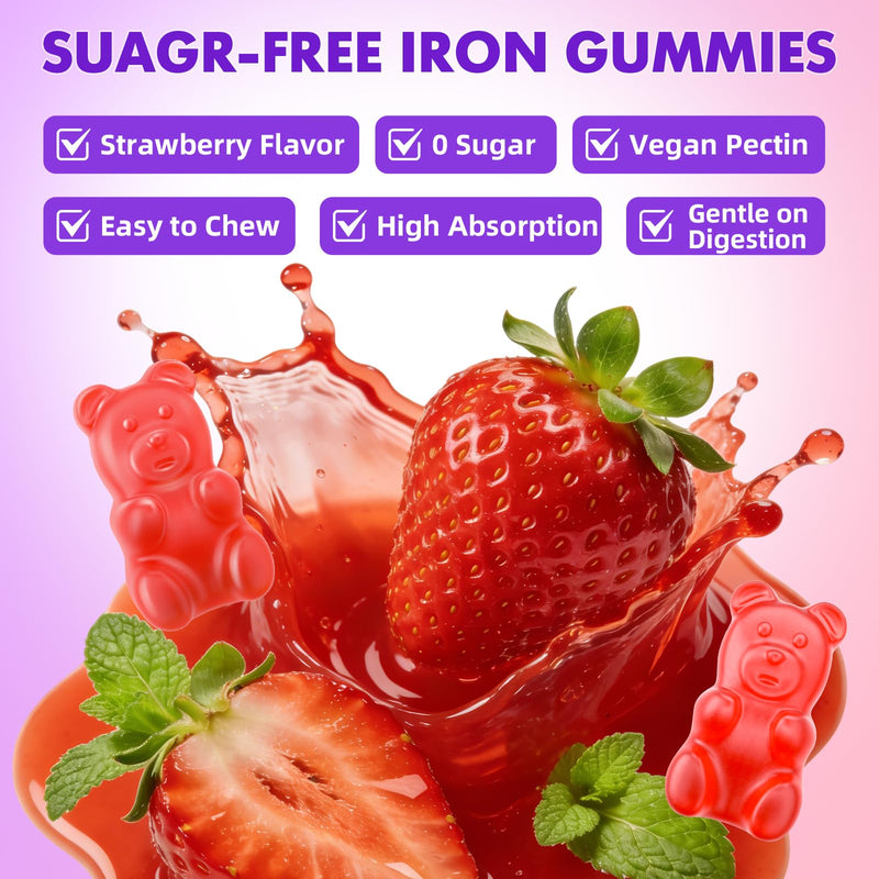 softbear Iron Gummies for Women & Men & Kids, Chewable Iron Supplements with Vitamin C,B3,B5,B6,B12 Supports Immune System, Energy & Vitality, Sugar-Free/Vegan, Strawberry Flavor 120 Count 60 Count (Pack of 2)