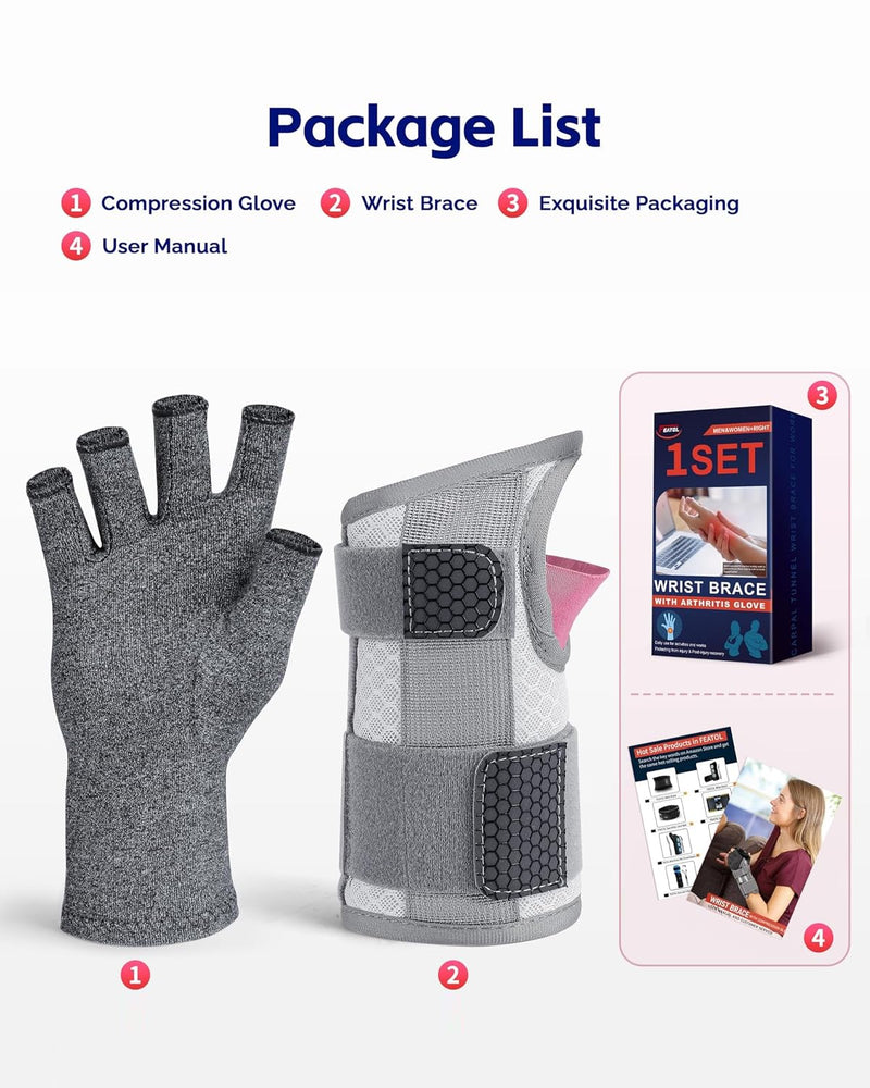 FEATOL Arthritis Glove for Women for Pain with Carpal Tunnel Wrist Brace Set - Fingerless Hand Compression Gloves - Daytime Wrist Support for Rheumatoid Arthritis, Work, Typing - Left Hand, Medium Left Hand-Gray - BeesActive Australia