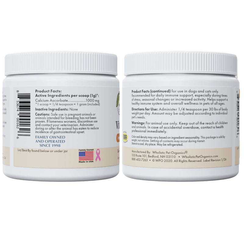 Wholistic Pet Organics Vitamin C Powder for Dogs & Cats - Cat & Dog Allergy & Itch Relief - Vitamin C Immune Support Supplement - Itchy Skin Support for Seasonal Dog Allergy Relief - 8 oz - 227 Scoops