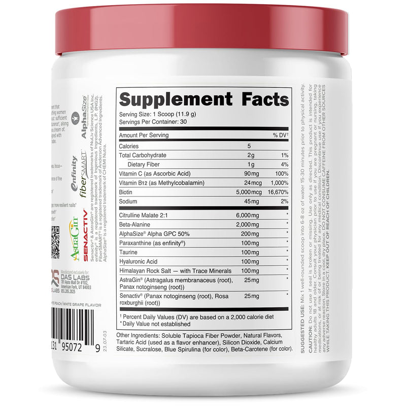 Babe Pre Workout powder for Women | Sparkling Orchard | 6g Citrulline, 2g Beta-Alanine, 100mg Hyaluronic Acid, 5mg Biotin and 5 other registered trademarked ingredients | 30 servings | 12.6 OZ
