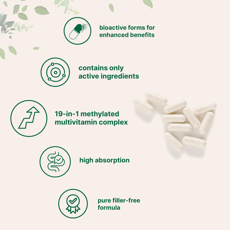 Micro Ingredients Pure Methylated Multivitamin Supplement, 240 Capsules | 19-in-1 Formula with Methylfolate, Methyl B12, Vitamins C, D, Magnesium & Zinc. For Women & Men. Iron Free, Filler Free. 240 Count (Pack of 1)