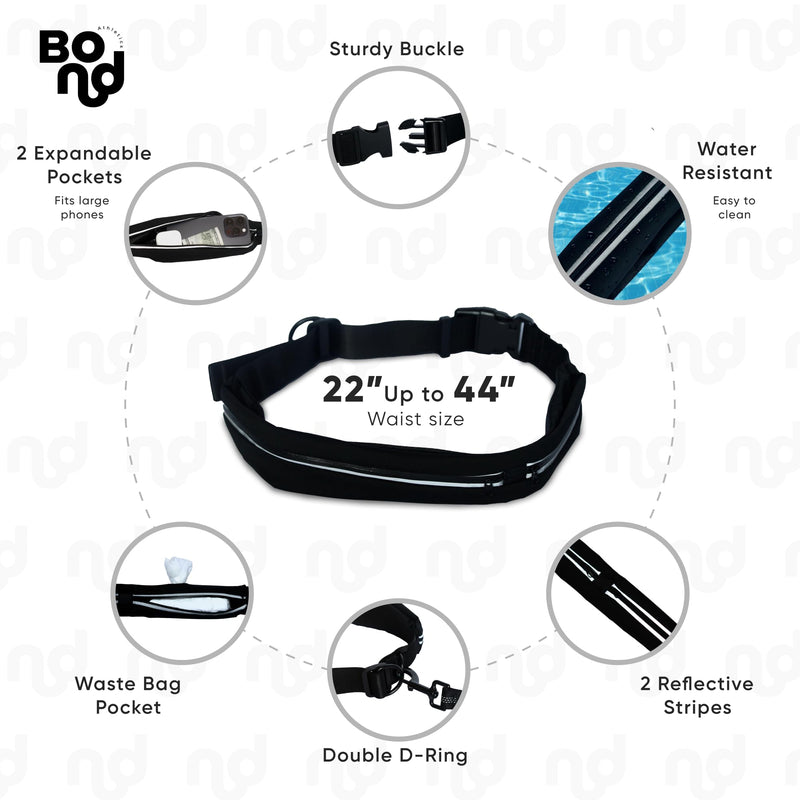 Bond Dog Running Leash Hands Free with Pouch, Hands Free Leash for Large Dogs, Pet Lead Running Belt for Walking & Canicross Belt, Includes Waist Jogging Fanny Pack & Pet Car Seat Belt Safety Medium Black