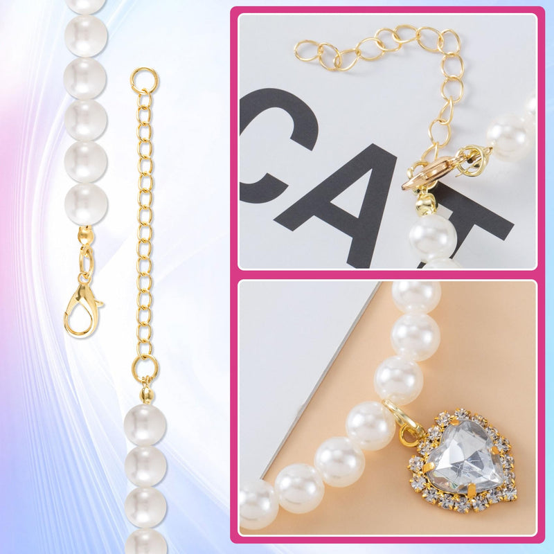 2pcs Cat Dog Pearl Collar, Small Heart Shape Rhinestone Pet Necklace, Adjustable Wedding Party Pet Jewelry Accessories for Puppy Small Cats- White & Pink - BeesActive Australia
