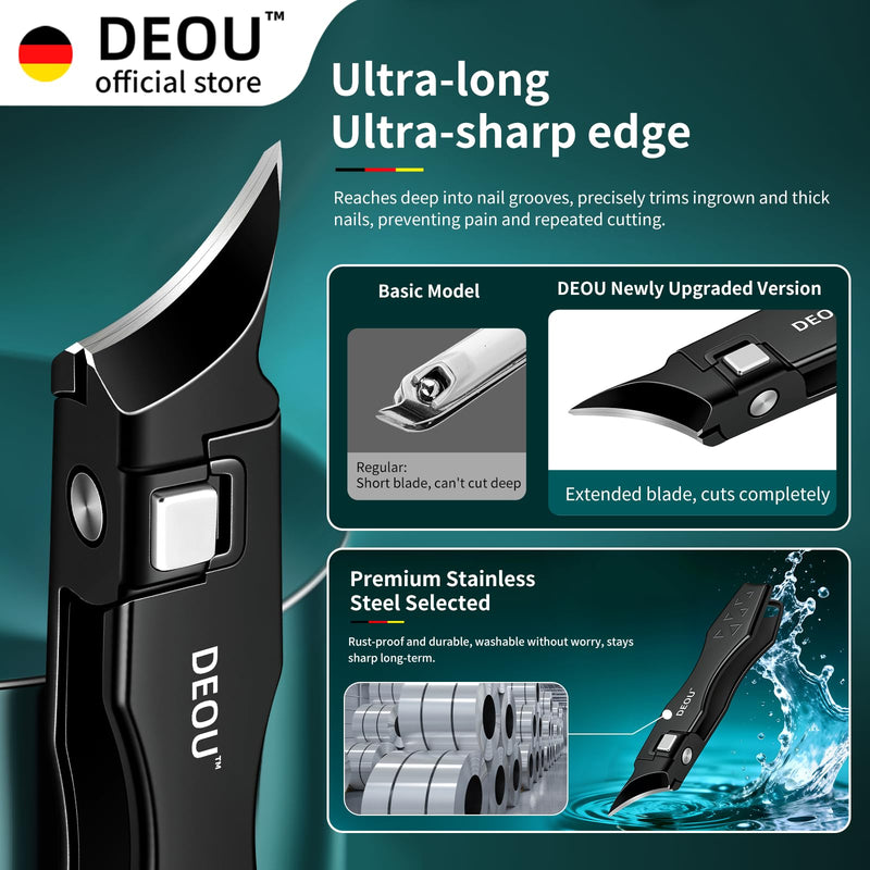 DEOU Ingrown Toenail Clippers with Nail File, Premium Stainless Steel Oblique Cutter, Anti-Splash One-Piece Casting, Manicure Tool with Keyhole, Gift Box for Thick/Hard/Fungal Nails Black Diagonal Scissors