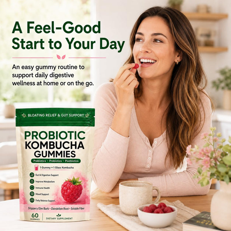 Jevawell Kombucha Gummies, Prebiotic Probiotic Postbiotic Formula, Digestive & Gut Health Support, Microbiome Balance & Digestive Comfort, Vegan, Non-GMO, 60 Gummies (1 Peak) 1 Peak