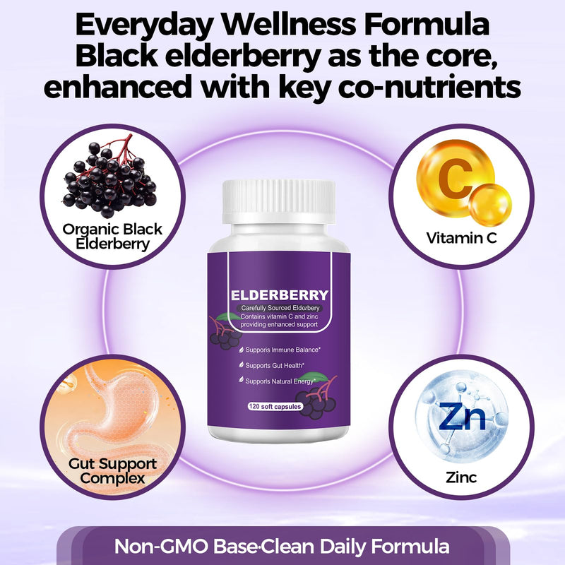 Black Elderberry Immune & Gut Support Complex - with Zinc, Dual-Source Vitamin C, Vitamin D3, Echinacea & Ginger - Daily Immune Defense, Digestive Comfort, 120 Capsules 60 Count (Pack of 1)