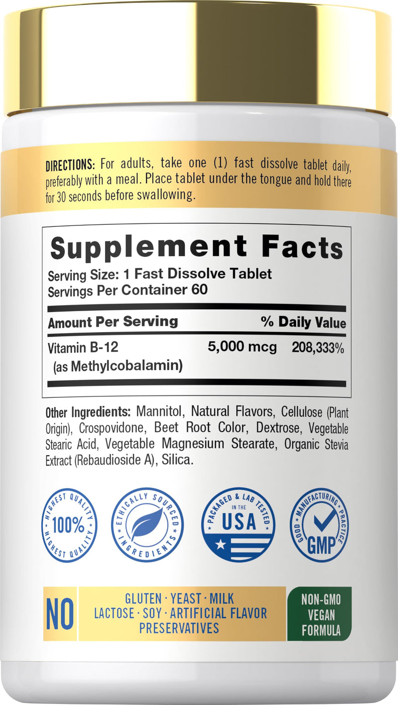 Carlyle Methylcobalamin Vitamin B12 5000mcg | 60 Fast Dissolve Tablets | For Adults | Vegan, Non-GMO & Gluten Free Supplement