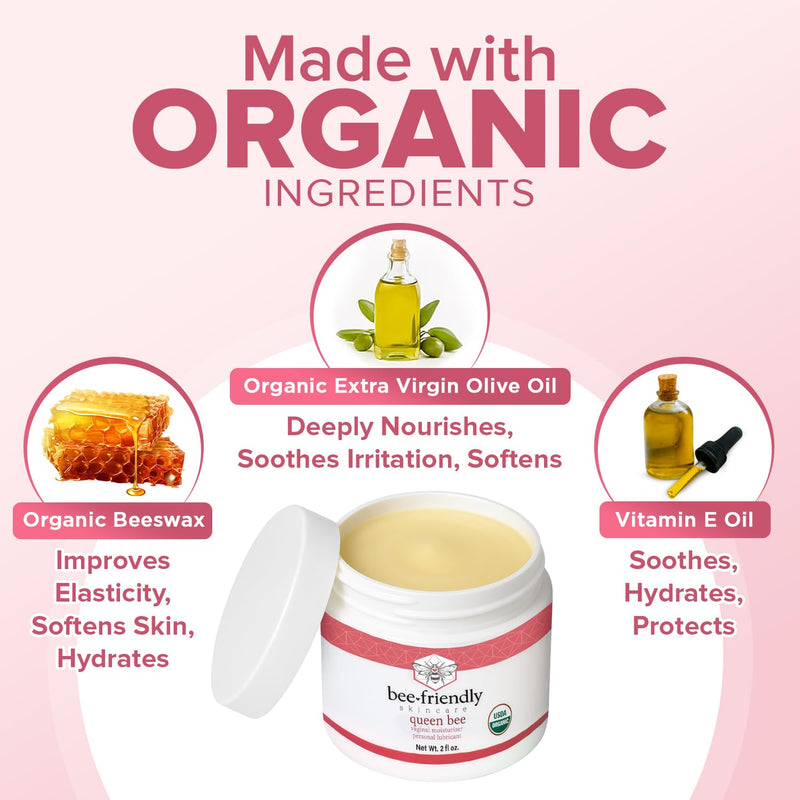 BeeFriendly Organic Vaginal Moisturizer, USDA Certified, Natural Vulva Cream For Dryness, Itching, Irritation, Redness, Chafing Of Vagina Due To Menopause & Thinning 2 oz 2 Ounce (Pack of 1)