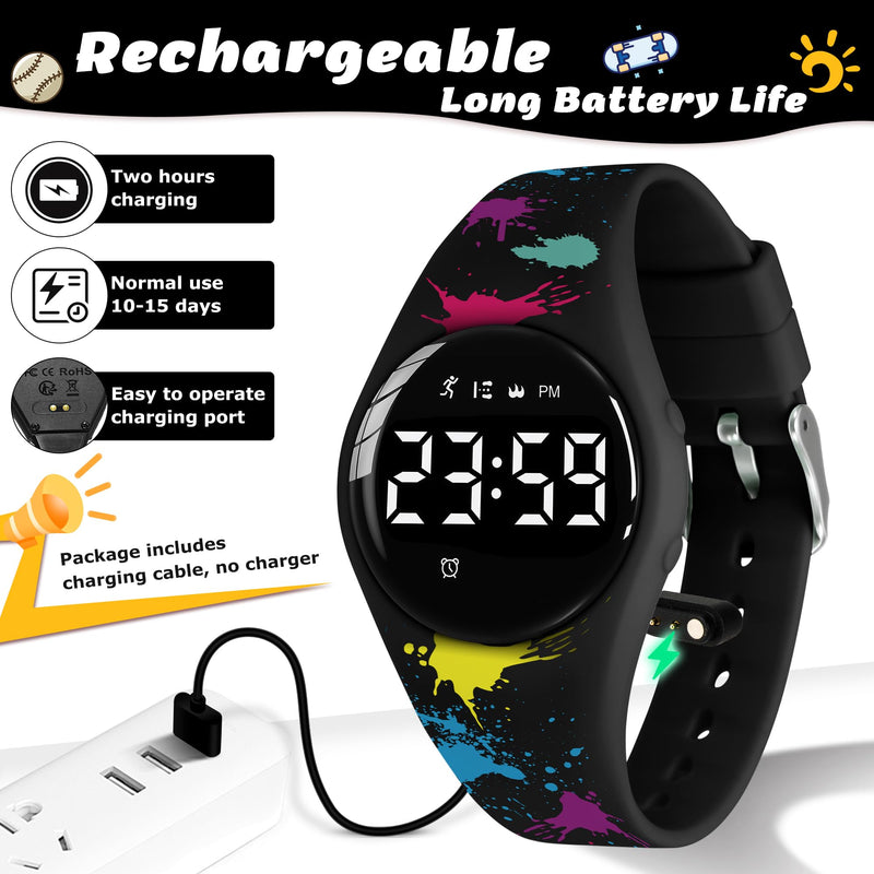 Kids Watches for Girls Boys Digital Sport Watch with Step Counter Pedometer Vibration Alarm Clock, No App Waterproof Fitness Tracker Kids Watch Boys Girls Teens Students Ages 5-16 110-F-Craffiti