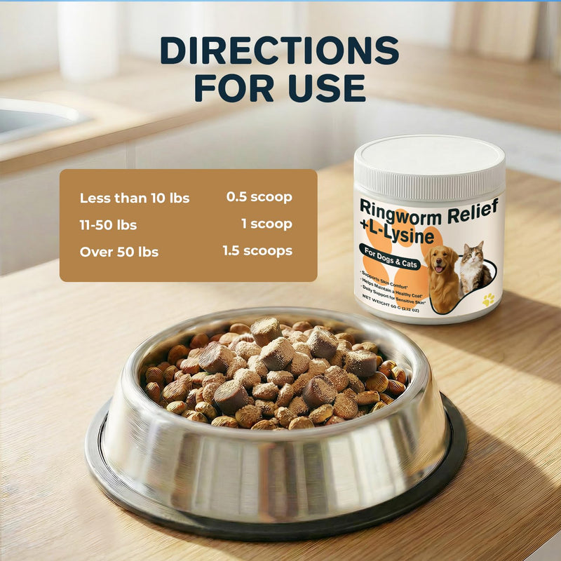 Ringworm Treatment for Dogs & Cats + L-Lysine, Skin & Coat Support Powder, Helps Reduce Scratching, Itching & Patchy Coat, with Fish Oil, Beta-Glucan, Turmeric, Zinc & Biotin, 60 g