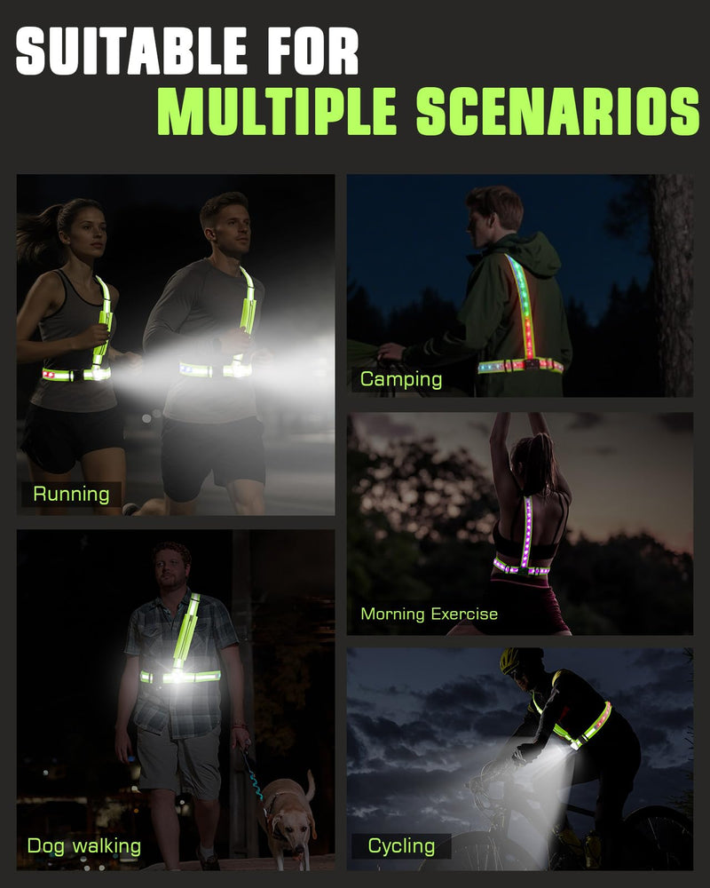 Zacro Reflective Running Vest with 9 RGB Modes, 500LM High Visibility Chest Light for Runners, Rechargeable Light Up Running Gear for Night Safety Cycling Hiking Dog Walking Adjustable for Men Women with Phone Bag - BeesActive Australia